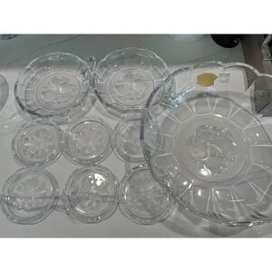 Val St Lambert Crystal Fruit Bowl Set 9pc Frosted Intaglio Coasters Belgium